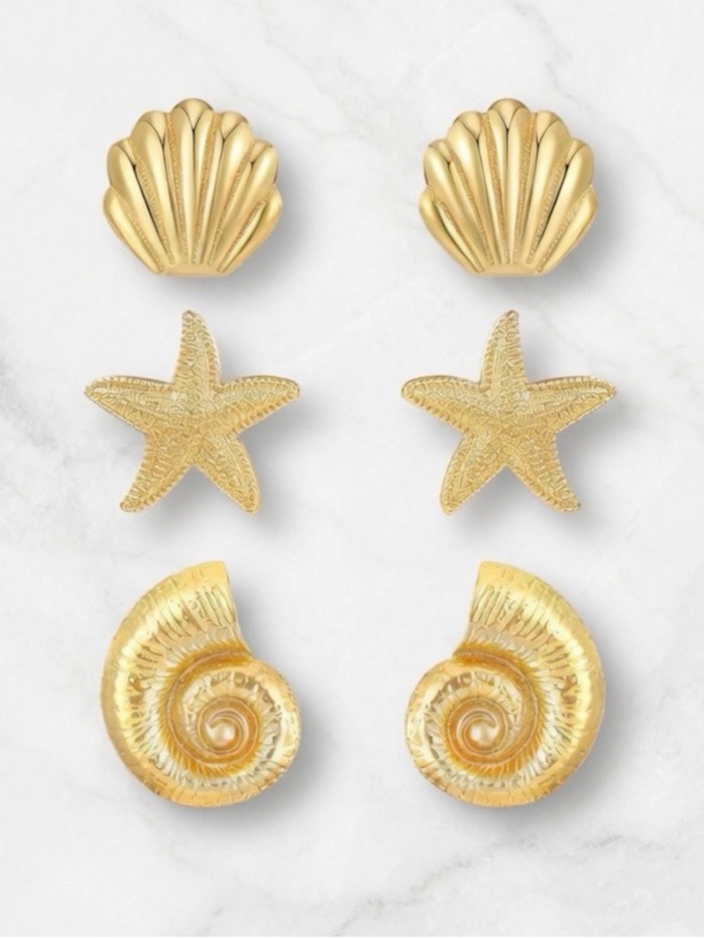 Gold Seashell & Starfish Earring Set - Coastal Metal Studs